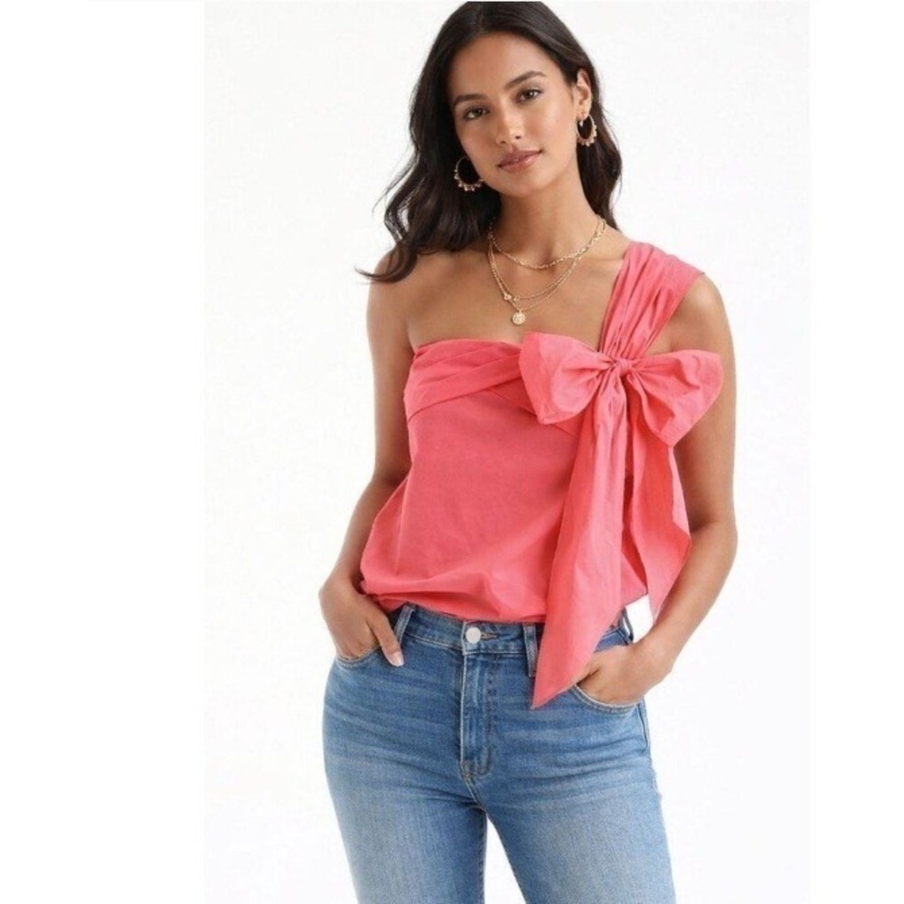 J. Crew Poplin One-Shoulder Bow Top Womens 2 Pink Summer Coquette Romantic Chic